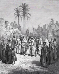 1800s Gustave Dore Religious Woodcut Jacob and Esau Make Peace Framed Signed
