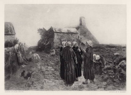 Jules Breton Evening in the Hamlet of Finistere 1883 etching: Jules Breton. (Jules Adolphe Aime Louis Breton) (French, 1827-1906). Evening in the Hamlet of Finistere. Antique etching on wove paper after the original oil on canvas by master etcher Emile Frederic