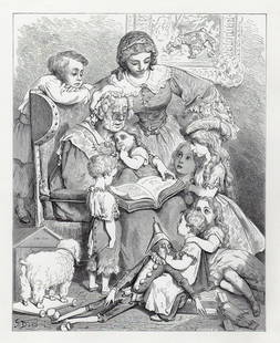 Gustave Dore Family Storytelling 1880 Wood Engraving Signed: Gustave Dore. Family Storytelling. Antique Wood Engraving on thick wove paper after the original by master wood engraver Adolphe François Pannemaker (French, Belgian, 1822 - 1890). 1880. Signed in th