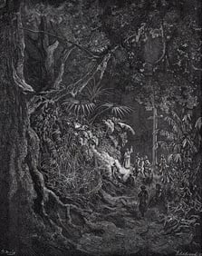 1800s SIGNED DORE Atala Woodcut "The Hermit Preaching In The Woods" FRAMED