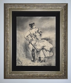 19th Century Ferier Original Charcoal The Lovers Framed Signed