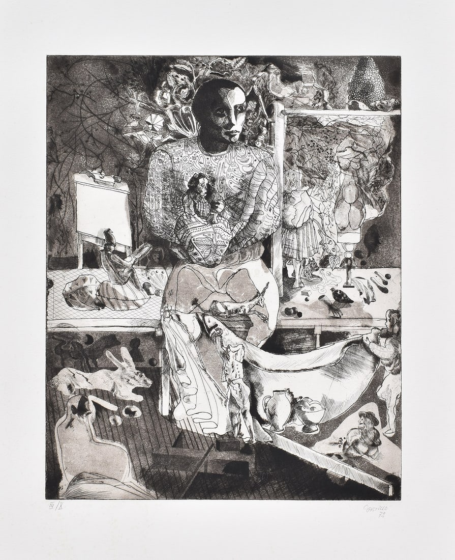 JORGE CASTILLO Surreal Aquatint Etching World of Garcia Lorca HAND SIGNED: Jorge Jose Castillo Casalderrey (Spanish, b. 1933). The World of Garcia Lorca (Die Welt des Garcia Lorca). Original aquatint etching Arches paper. Hand signed lower right and numbered left III/X. Publ