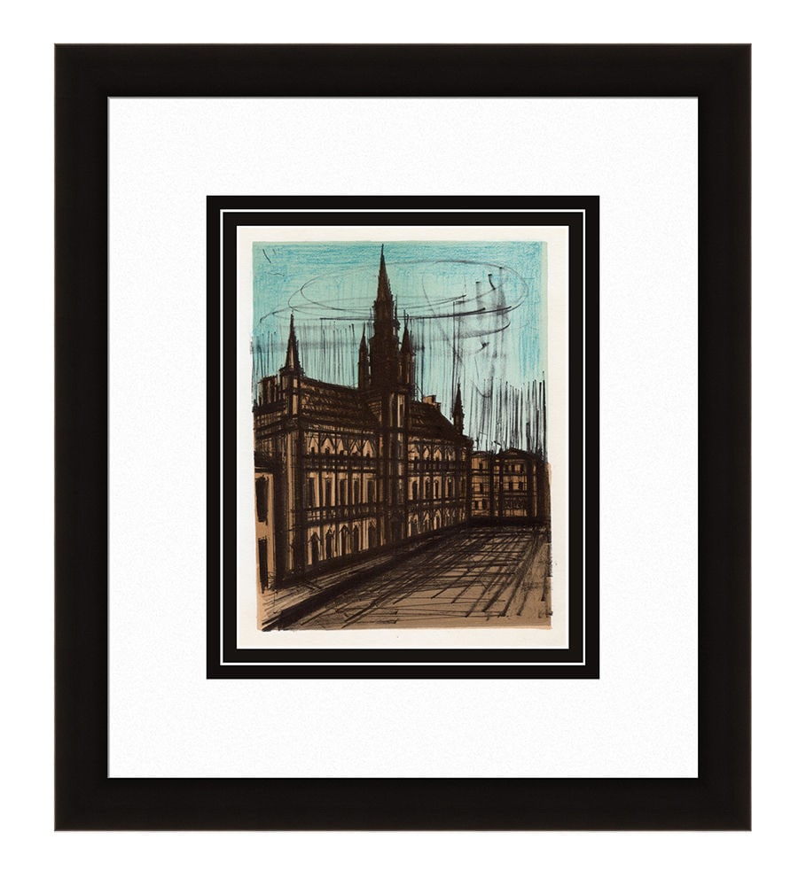 Bernard Buffet Brussels Town Hall 1967 lithograph: Bernard Buffet. (1928-1999). Brussels Town Hall. Color Lithograph on Wove Paper after the Original. 1967. Excellent. Atelier Mourlot. Image Size - 7 1/2 x 10 inches. Approximately 16 x 19 inches . Gal