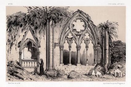 1800s Original VICTOR PETIT Lithograph L'Eglise Abbatiale De Dilo FRAMED