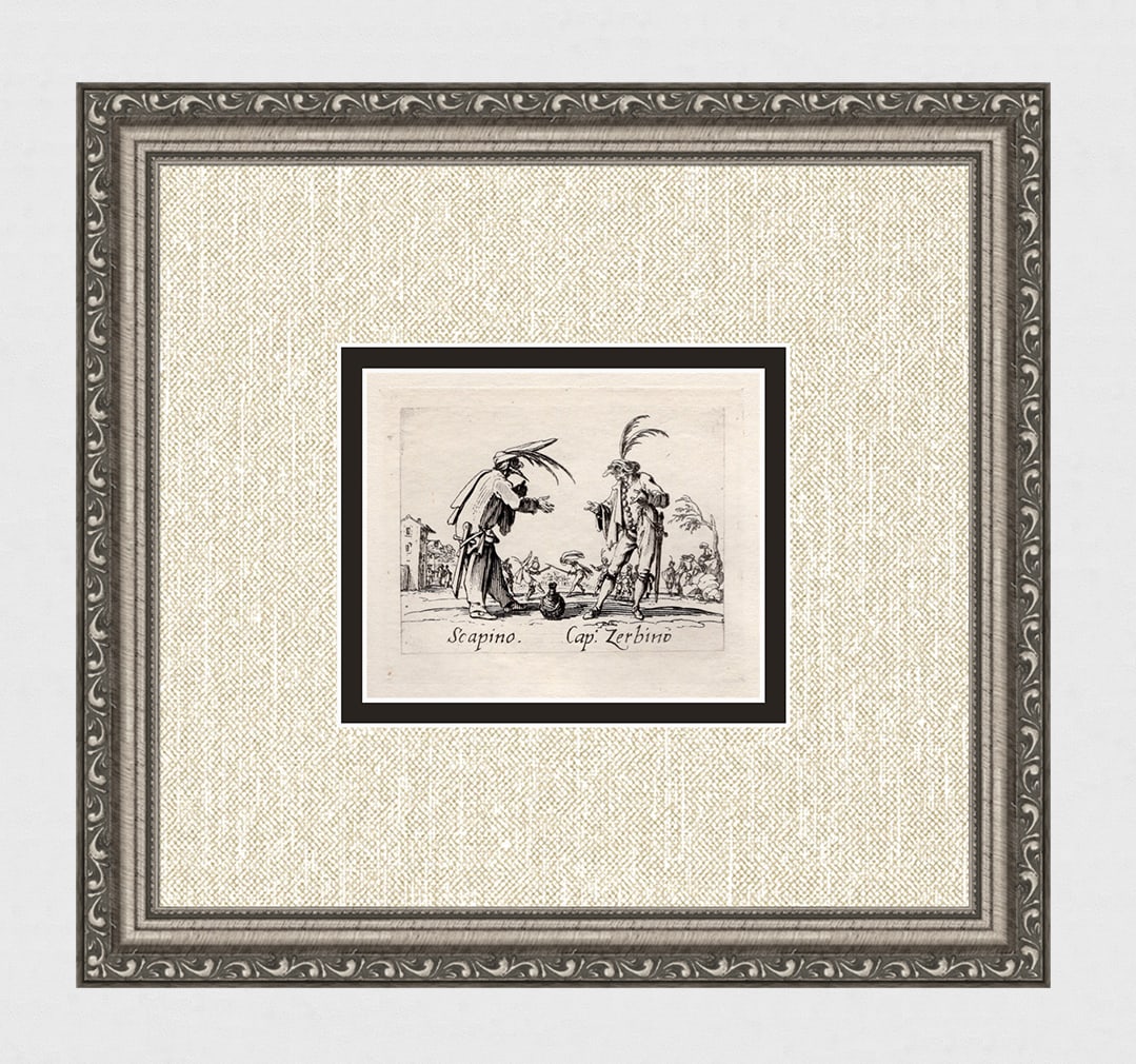 Jacques CALLOT 1920 Engraving "Meeting before Battle" Framed Limited: Jacques Callot (French, c.?1592 - 1635). Scapino & Cap. Zerbino, from Balli di Sfessania. Antique engraving on japon paper after the original created in 1622. Year: c. 1920. Limited edition of only 50