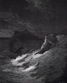 FRAMED 1800s GUSTAVE DORE Religious Woodcut JONAH'S PRAYER Signed