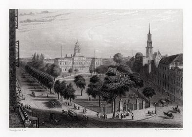 Emile Rouargue 1800s Original Engraving City Hall Park, NY Signed