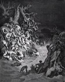1800s Gustave DORE SIGNED Religious Wood Engraving The Duration of the Flood FRAMED