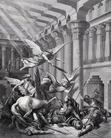 Gustave DORE 1800s Biblical Woodcut God Punishes Heliodorus FRAMED Signed