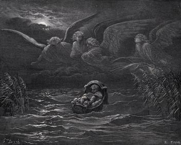 1800s Gustave DORE Religious Wood Engraving "Baby Moses" SIGNED Framed