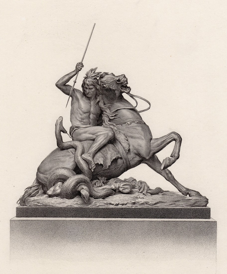 Sir Thomas Brock The Moment of Peril 1883 engraving: Sir Thomas Brock. (English, 1847 - 1922). The Moment of Peril. Antique engraving on thick wove paper after the original bronze by master engraver H. C. Balding (19th century). 1883. Excellent. Image S