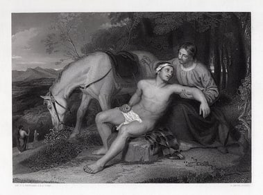 SIGNED 1800s Charles Lock Eastlake Engraving The good Samaritan FRAMED COA