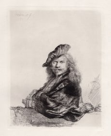 1800's Rembrandt Leaning on a Stone Sill etching signed Durand