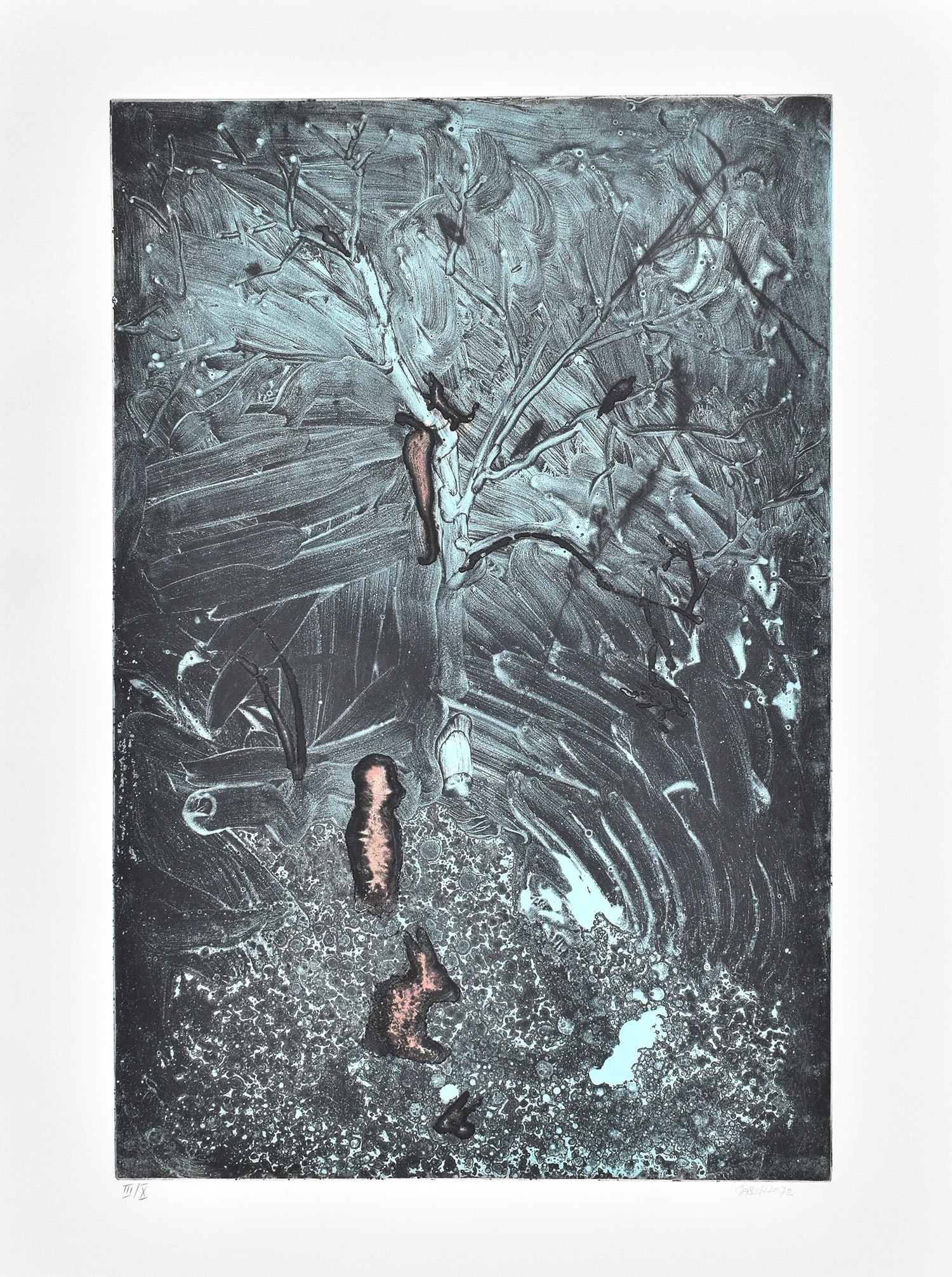 Jorge CASTILLO Aquatint Etching Abstract Tree Landscape Hand Signed: Jorge Jose Castillo Casalderrey (Spanish, b. 1933). The Landscape with two Tombs and an Assyrian Dog (Landscaft mit zwei Grabern und einem assyrischen Hund). Original aquatint etching Arches paper. Ha