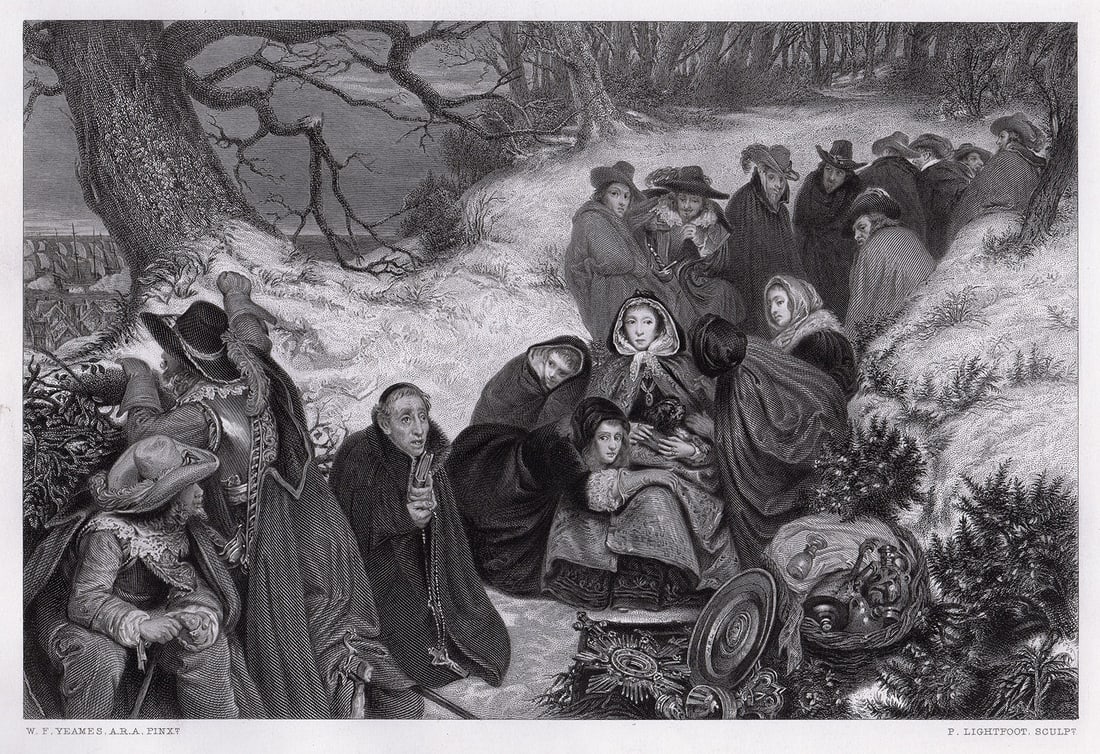 1869 William Frederick Yeames The Peril of the Queen Henrietta Maria engraving signed: William Frederick Yeames. (British, 1835-1918). The Peril of the Queen Henrietta Maria. Antique engraving on wove paper after the original by master engraver F. Lightfoot. 1869. Signed in the plate. E