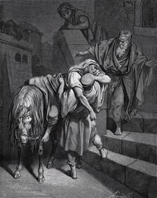 GUSTAVE DORE 1800s Biblical Woodcut THE GOOD SAMARITAN Signed Framed