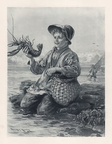 Davidson Knowles 1800s Antique Print LOBSTER FISHING SIGNED FRAMED