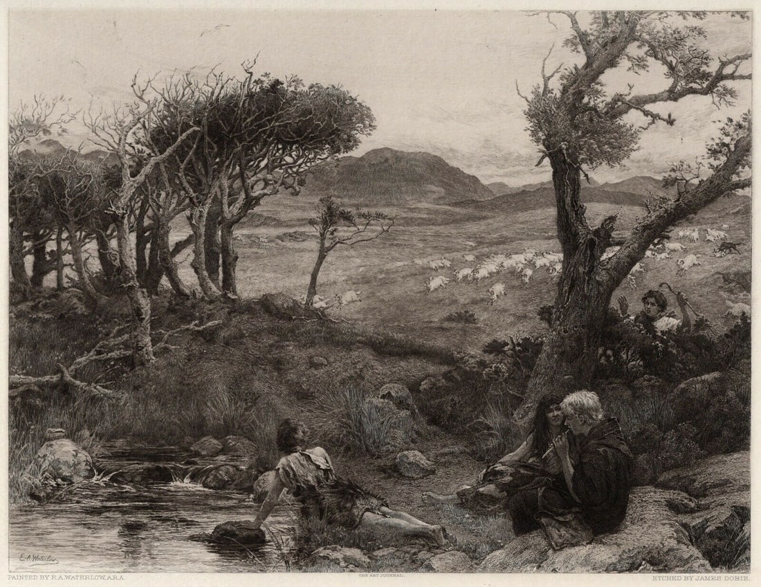 Ernest Albert Waterlow 1800s Etching Wolf! Wolf! Signed Framed COA: Sir Ernest Albert Waterlow (British, 1850 - 25 1919). Wolf! Wolf!. Antique etching on wove paper after the original by master etcher James Dobie (British, 1849-c. 1911). Year: 1890. Signed in the plat