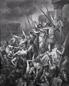 GUSTAVE DORE 1800s Biblical Wood Engraving Paul Menanced by the Jews Paul SIGNED Framed