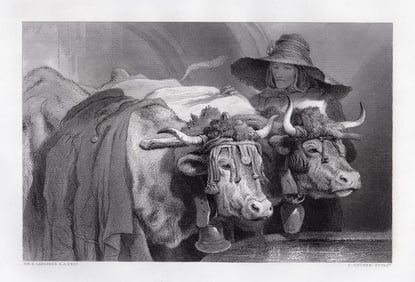 1876 Sir Edwin Henry Landseer Oxen at the Tank - Geneva engraving signed