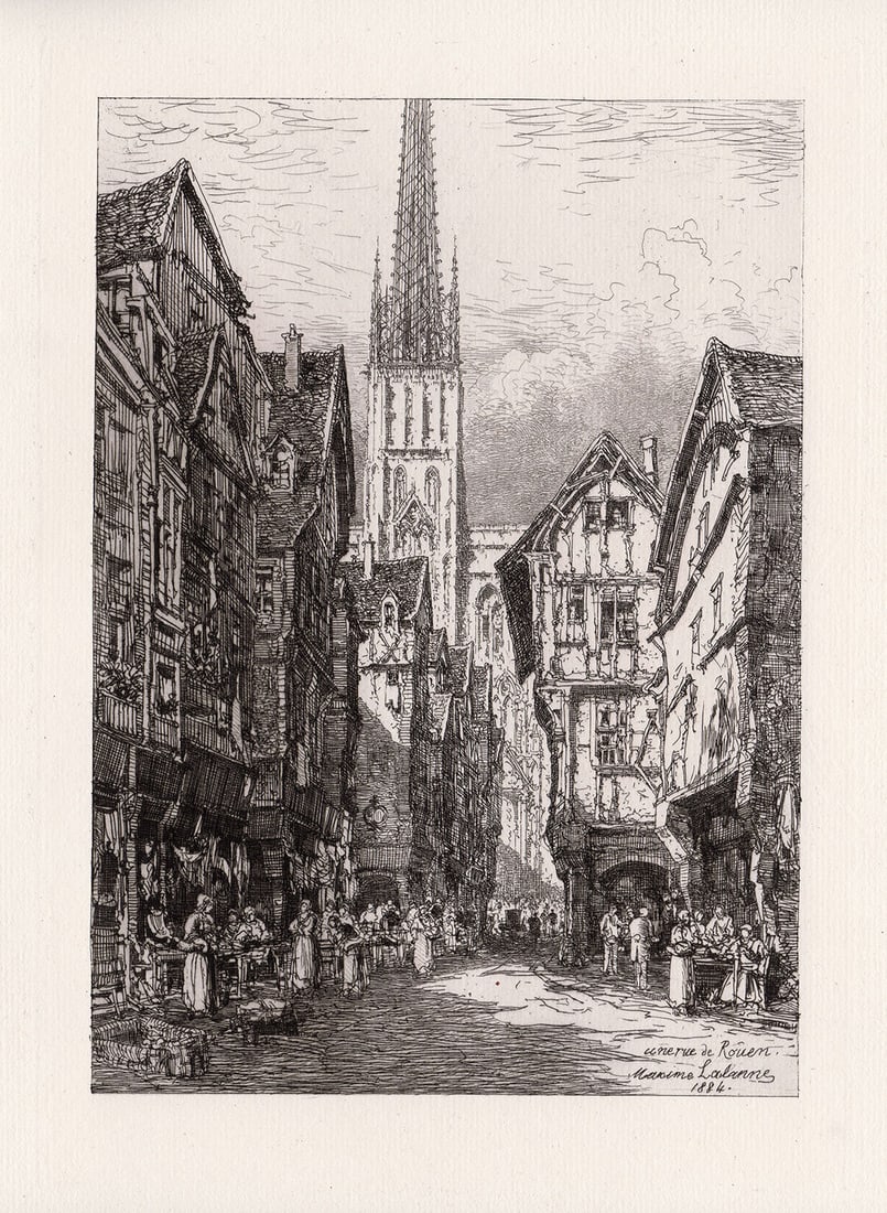 Maxime Lalanne 1885 etching Rouen France signed: Maxime Lalanne. "un rue de Rouen" (A street in Rouen France). Hand Pulled copper plate etching on laid paper. 1885. Signed in the plate lower right. Excellent. Image Size 6 3/4 x 9 1/2 inches. Approxi