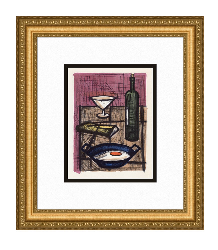 Bernard Buffet Still Life with a Fried Egg 1967 lithograph: Bernard Buffet. (1928-1999). Still Life with a Fried Egg. Color Lithograph on Wove Paper after the Original. 1967. Excellent. Atelier Mourlot. Image Size 7 x 9 1/8 inches. Approximately 16 x 18 inches