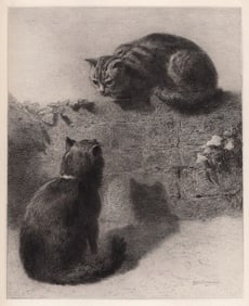 1800s Ebenezer Newman DOWNARD ORIGINAL Etching Two Cats SIGNED Framed