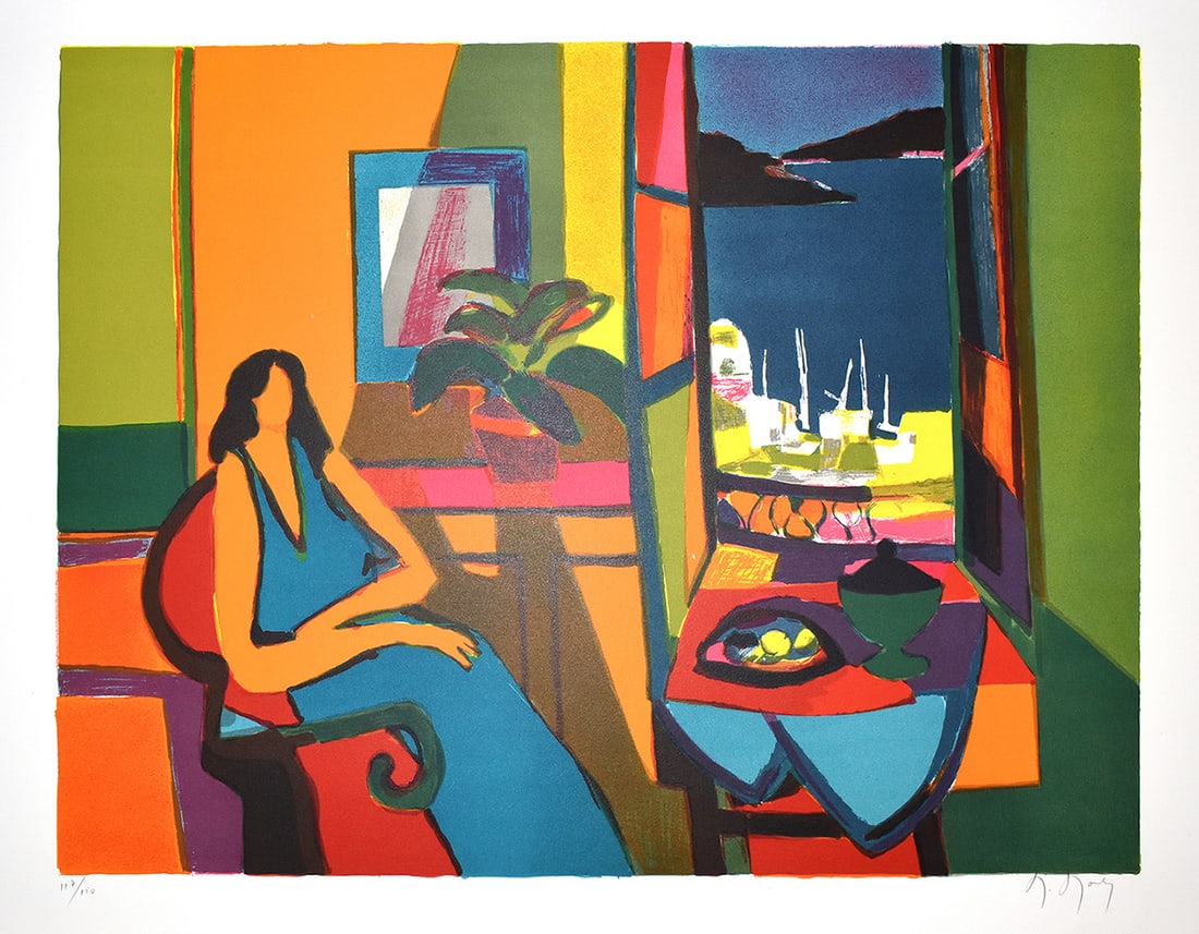 Marcel Mouly Hand signed Lithograph Femme Bleu: Marcel Mouly (1918 - 2008). Femme, Bleu, Grec, Fenetre (Woman in blue, greek window). Color lithograph on wove paper. Year: 1985. Signed in pencil, lower right. Numbered from 150. Image size 23 x 18 i
