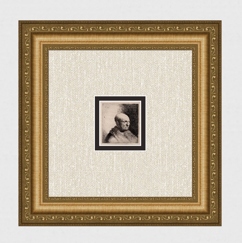 REMBRANDT 1800s Etching B324 A Bald Man in a Fur Cloak Signed DURAND (1 of 4)