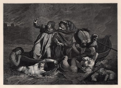 Eugene Delacroix 1800s Antique Print "Dante and Virgil" Framed