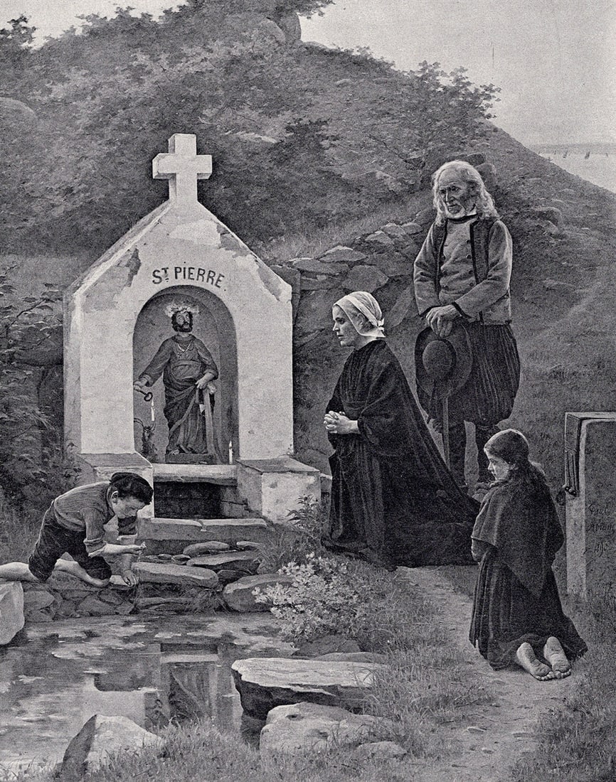 Paul Abram 1800s Antique Print Peasants at St. Peter's Fountain FRAMED: Paul Abram (French, 1854 - 1925). St. Peter's Fountain, Brittany. Antique print after the original. Year: c. 1890. Image Size 7 7/8 x 9 7/8 inches. Framed dimensions approximately 17 x 19 inches. This