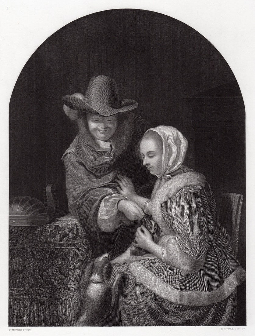 1857 Frans van Mieris Teasing the Pet engraving signed: Frans van Mieris, the elder (Dutch, 1635 - 1681). Teasing the Pet. Antique engraving on wove paper after the original oil on panel by master engraver Robert Charles Bell (Scottish, 1806 - 1872). 1857.