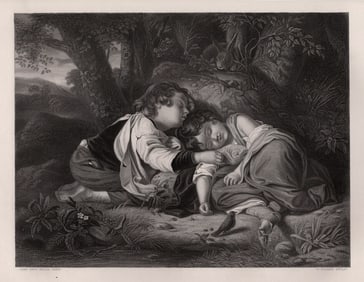1800s John PEELE SIGNED Engraving Children Sleeping the Forest FRAMED