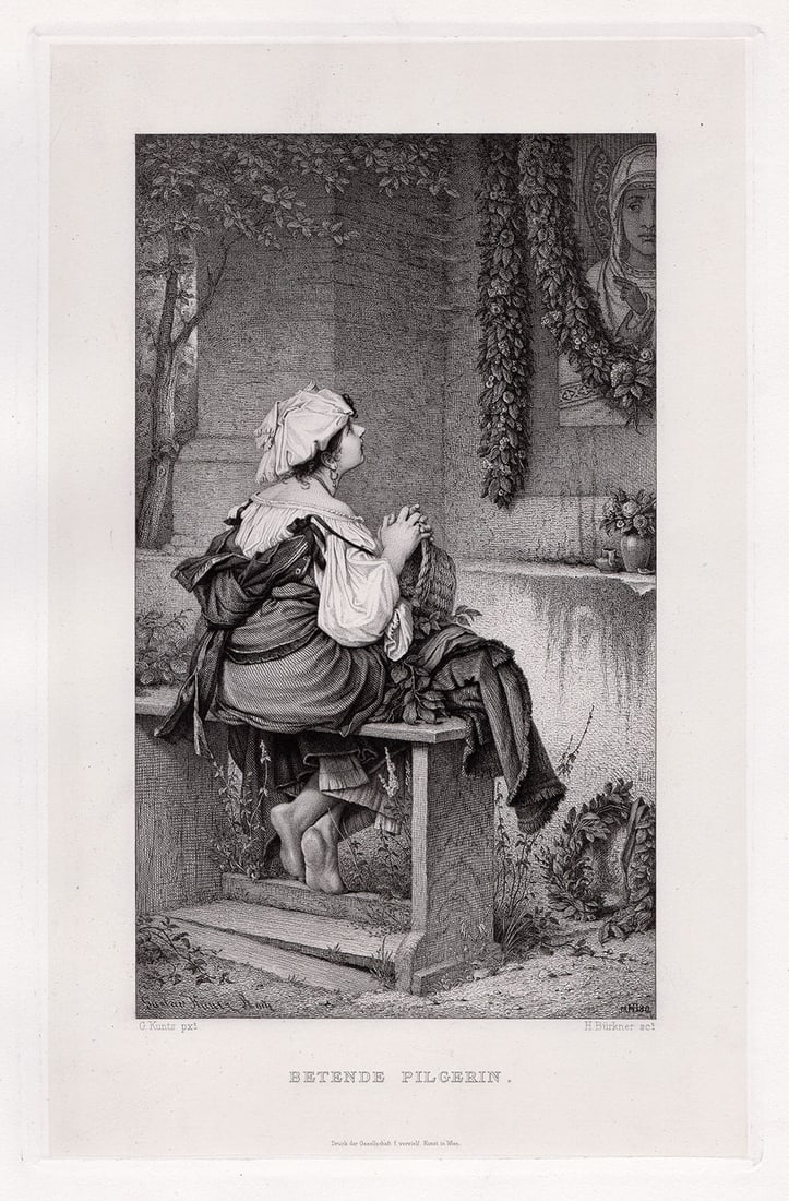 Gustav Adolf Kuntz Betende Pilgerin (Praying Pilgrim) 1887 engraving: Gustav Adolf Kuntz. (German, 1843-1879). Betende Pilgerin (Praying Pilgrim). Antique engraving on wove paper after the by master engraver Leopold Hugo Bürkner (German, 1818-1897). 1887. Signed in the
