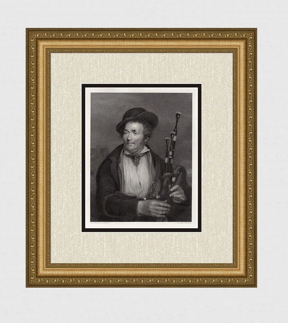 1852 WILKIE FRAMED Engraving "Scottish Man Holding Bagpipes": Sir David Wilkie. (Scottish, 1785-1841). The Bagpiper. Antique engraving on wove paper after the original oil paint on silk mounted on mahogany by master engraver Robert Charles Bell (Scottish, 1806 -