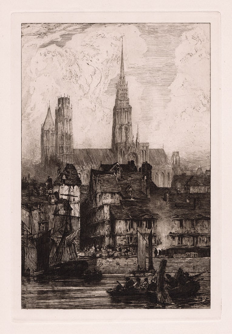 1888 Richard Parkes Bonington Rouen etching signed: Richard Parkes Bonington. (English, 1802-1828). Rouen. Antique etching on thick wove paper after the original by master etcher FRANK SHORT (English, 1857-1945). 1888. Signed in the plate lower left. E