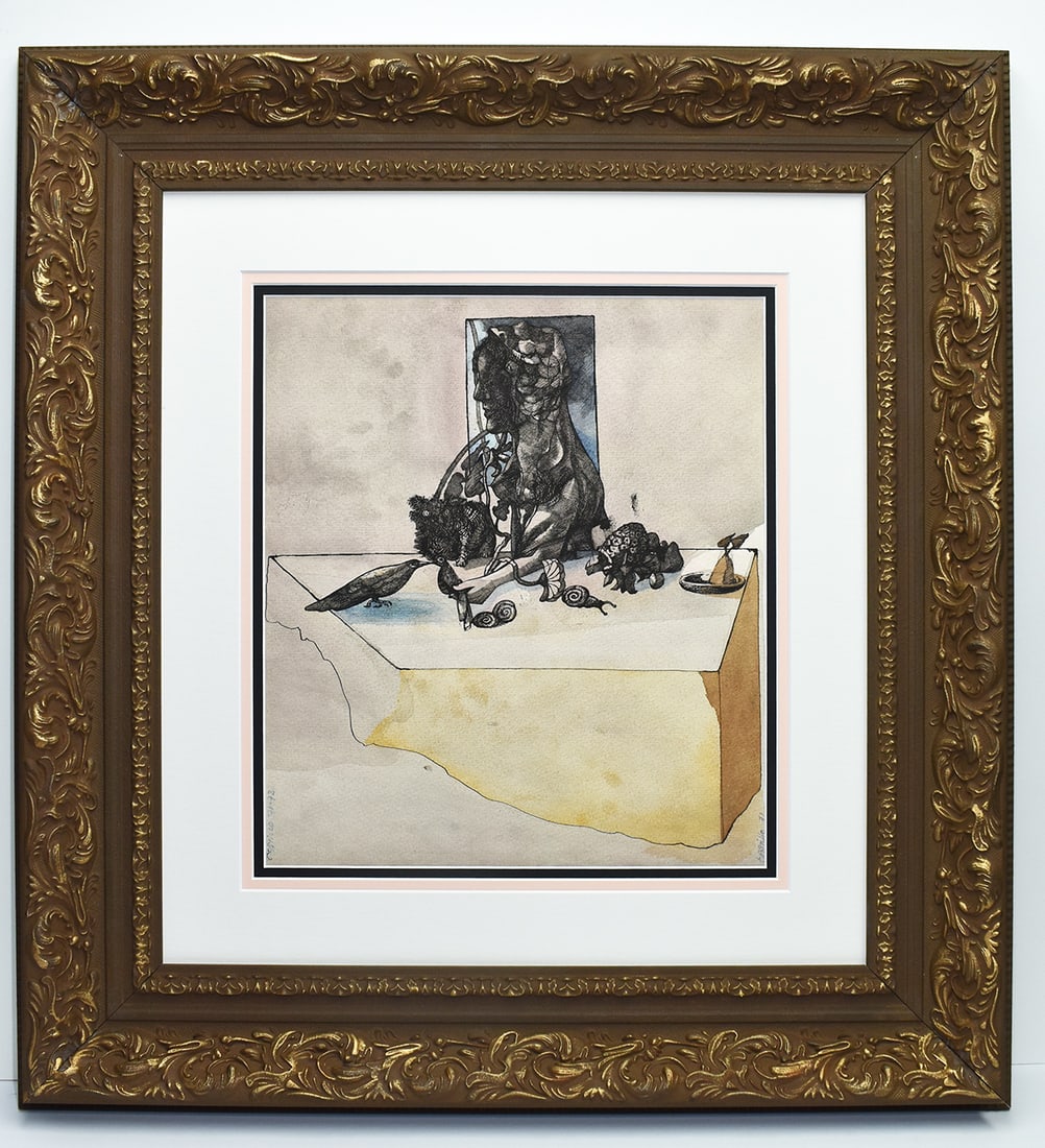 Jorge Castillo Casalderrey Original Mixed Media Marienze Surreal: Jorge Jose Castillo Casalderrey (Spanish, b. 1933). Marienza a Table (Marienza at the table, Marienza has been a recurring figure in numerous works). Mixed Media watercolor and ink on paper. Year: 197