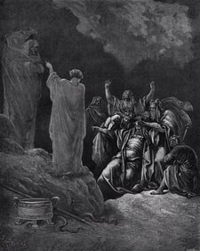 1800s Gustave DORE'S BIBLE SIGNED Woodcut The Witch Of Endor FRAMED
