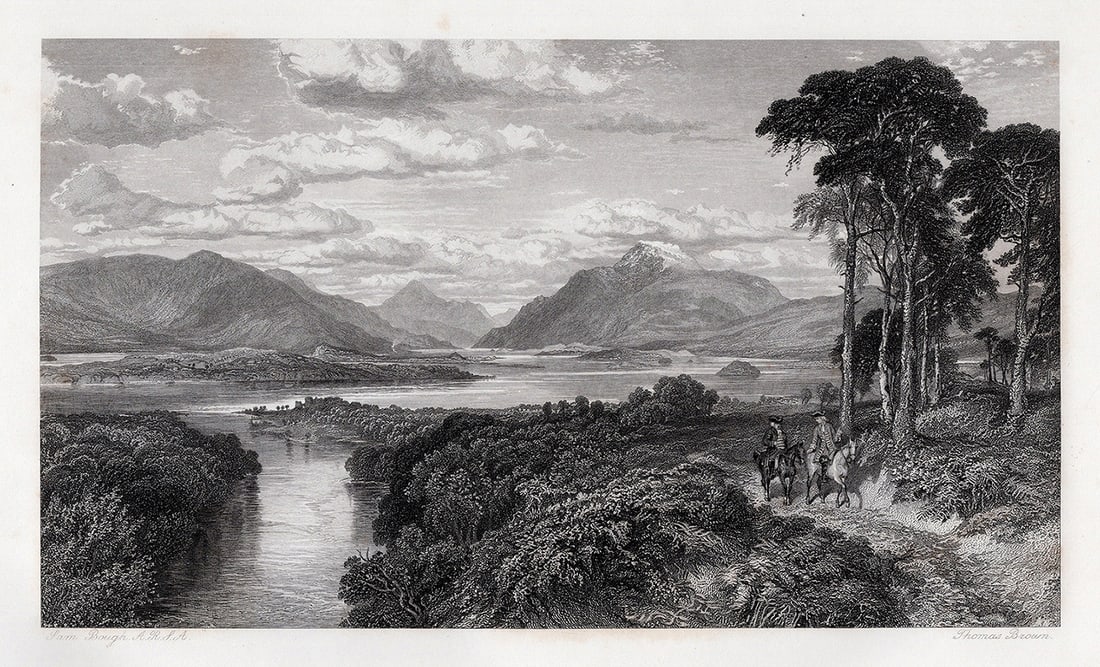 SAMUEL BOUGH 1800s Engraving Loch Lomond SIGNED Framed: Samuel Bough (English, 1822-1878). Loch Lomond. Antique engraving on wove paper by master engraver Thomas Brown (British, c.1867-1887 fl.). Year: 1868. Signed in the plate. Image size 6 3/8 x 10 7/8 i