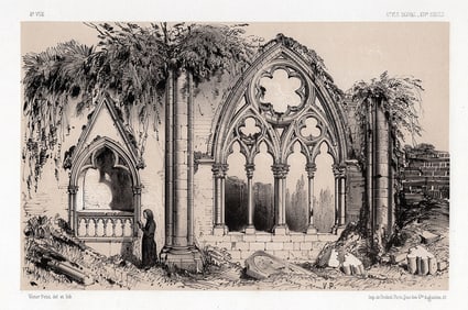 1800s Original VICTOR PETIT Lithograph L'Eglise Abbatiale De Dilo FRAMED