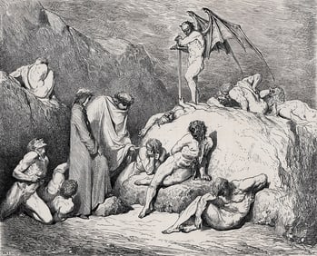 FRAMED 1800s Gustave Dore DIVINE COMEDY Woodcut Dante & Pier da Medicina SIGNED