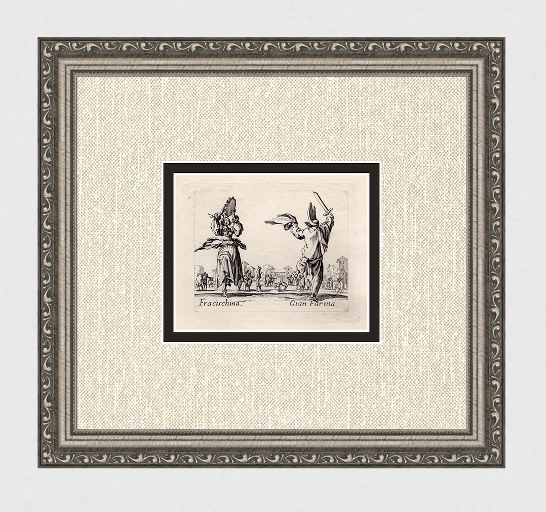 Framed 1920 Jacques CALLOT Engraving "Fracischina & Gian Farina" Limited: Jacques Callot (French, c.?1592 - 1635). Fracischina & Gian Farina, from Balli di Sfessania. Antique engraving on japon paper after the original created in 1622. Year: c. 1920. Limited edition of only