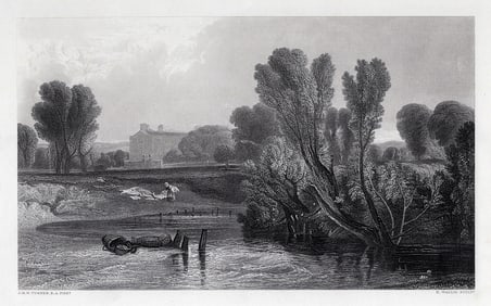 1800s JMW TURNER Engraving View of Thames FRAMED Signed