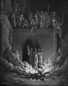FRAMED 1800s Gustave Dore Biblical Woodcut Shadrach, Meshach, & Abednego SIGNED