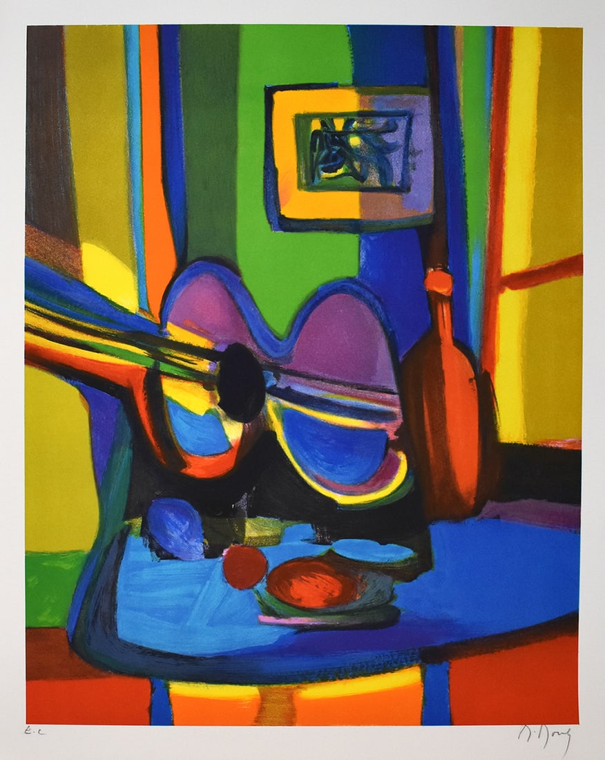 Marcel Mouly Hand signed Lithograph La Guitare Printers Proof: Marcel Mouly (1918 - 2008). La Guitare (The Guitar). Color lithograph on wove paper. Year: 1996. Signed in pencil, lower right. Numbered EC (Printer's Proof). Image size 21 3/4 x 17 inches. Sheet Size