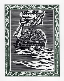 FRAMED Patrick de Manceau 1946 Woodcut THE SAN DOMINICK SAILING Signed