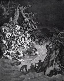 1800s Gustave DORE SIGNED Religious Wood Engraving The Duration of the Flood FRAMED