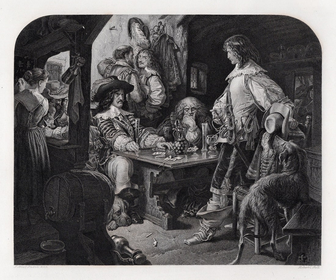 JOSEPH NOEL PATON 1800s Engraving Late Evening Drinking Wine FRAMED Signed: Sir Joseph Noel Paton (Scottish, 1821 – 1901). The Dowie Dens o Yarrow (Stanza 1st). Antique engraving on wove paper after the original by master engraver Robert Charles Bell (British, 1806-1872). S