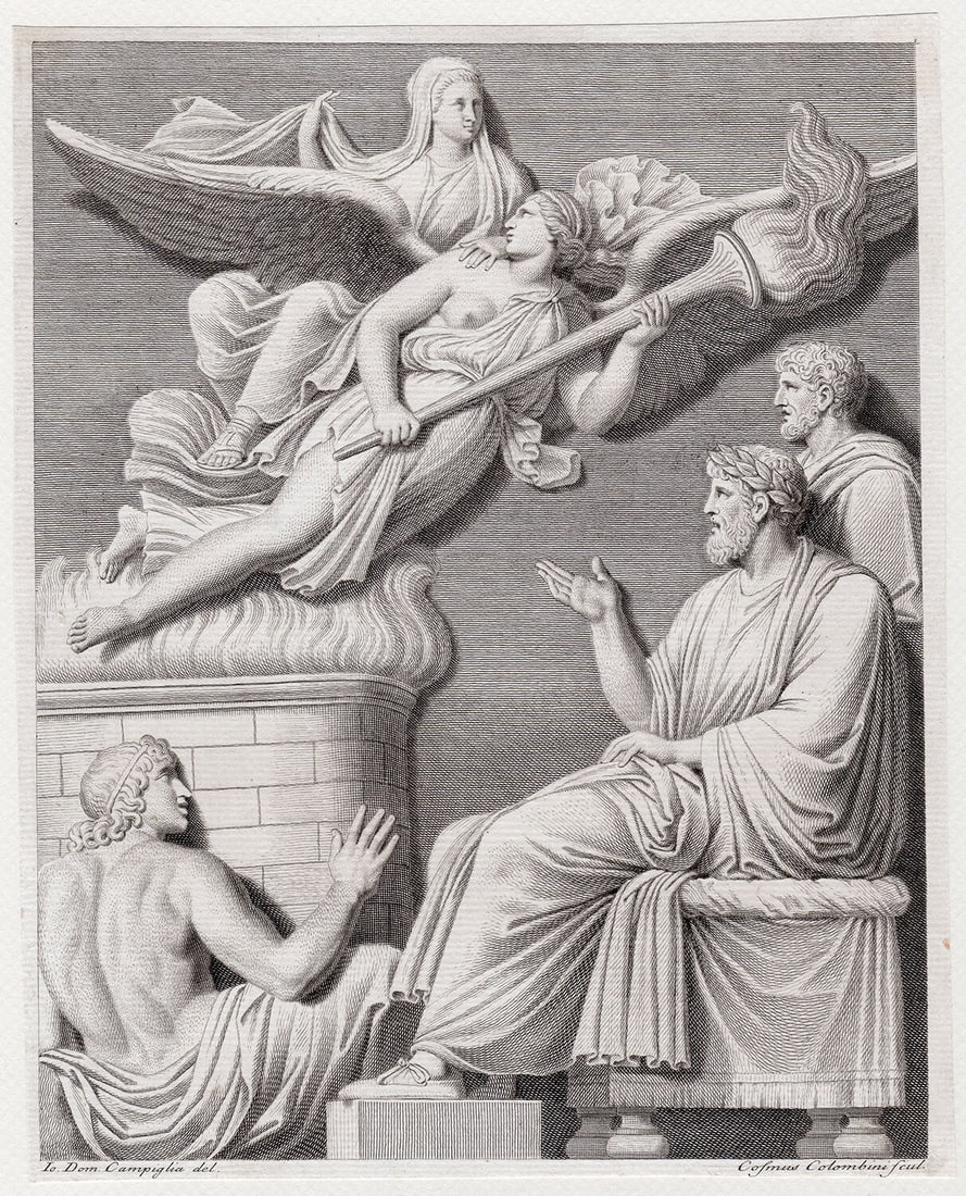 Giovanni Domenico Campiglia 1740 - 1768 Engraving Signed: Giovanni Domenico Campiglia. Antique Copper Engraving on laid paper, after the drawing, engraved by Cosmus Colombini (1700 - 1800). 1740 - 1768. Signed in the plate, in ink, lower left and right. Shee