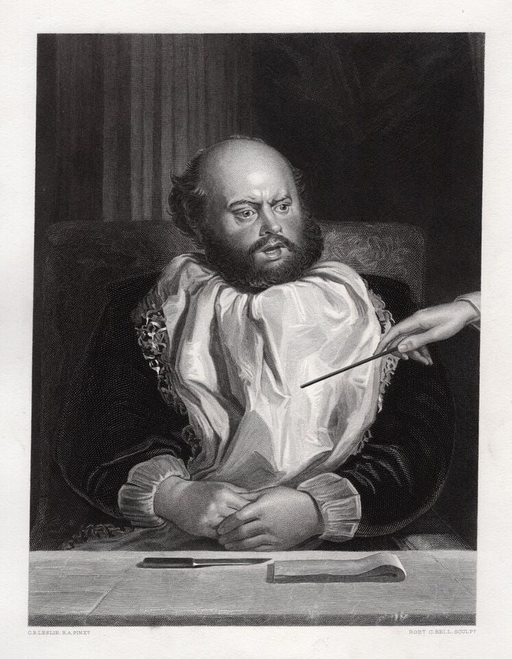 Signed 1800s CHARLES ROBERT LESLIE Engraving SANCHO PANZA Framed: Charles Robert Leslie (English, 1794 – 1859). Sancho Panza. Antique engraving on wove paper after master engraver Robert Charles Bell (British, 1806-1872). Year: 1868. Signed in the plate. Image siz